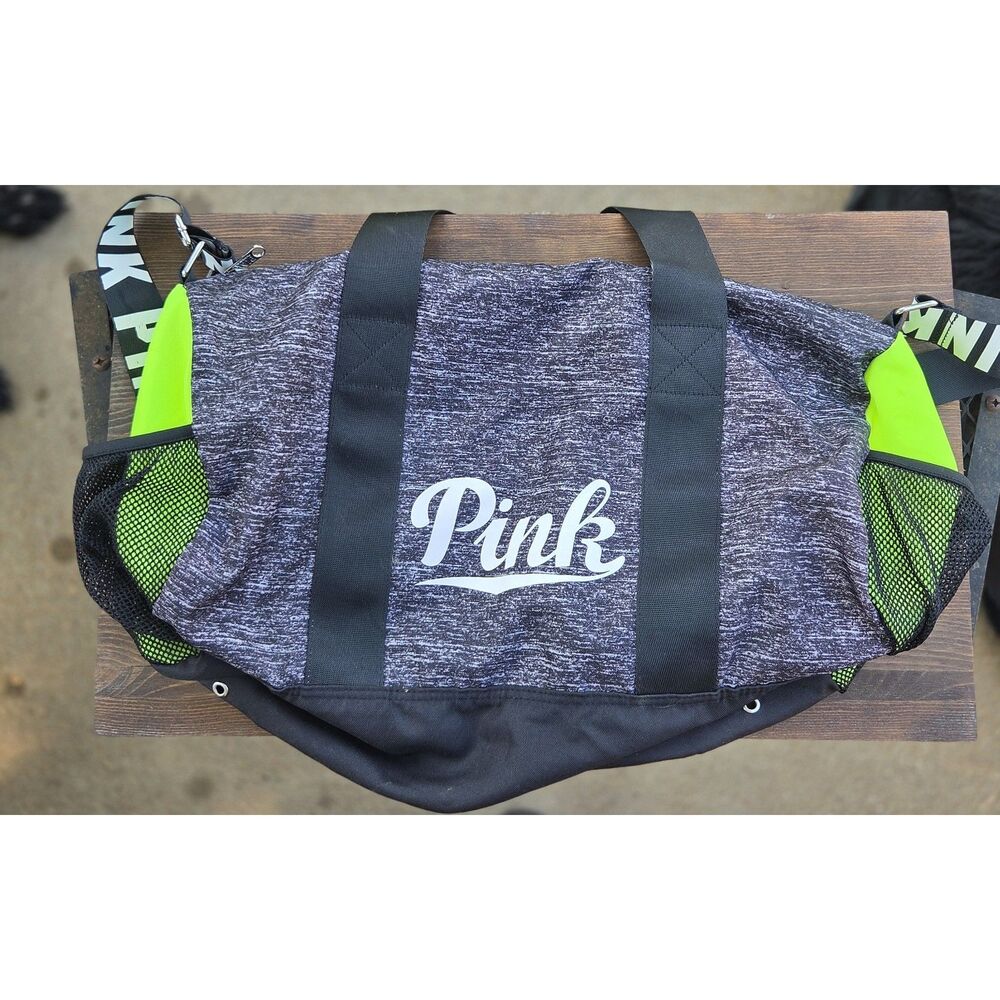 PINK Victoria's Secret Duffle Bag Gray Neon Gym Weekender Travel 19x12x7